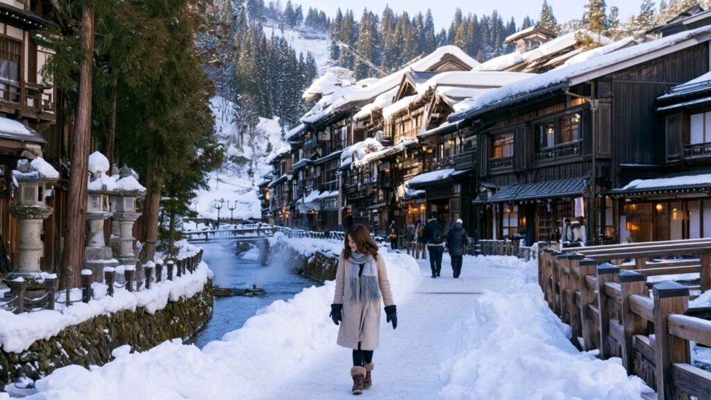 A female traveler walks through a snow-covered Japanese onsen town surrounded by wooden ryokan and forested mountains in January.