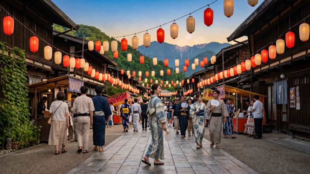 A female traveler in yukata walks through a Japanese summer festival with lanterns, mountain scenery, and distant fireworks in July.