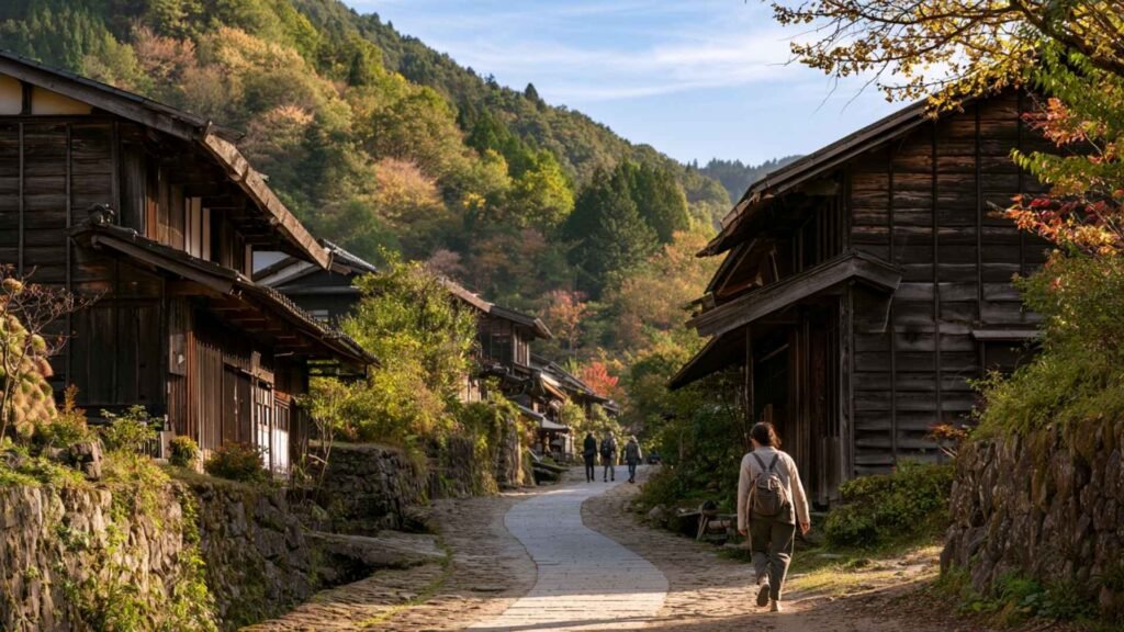 A female traveler walks the historic Nakasendo trail in October, surrounded by traditional wooden buildings and early autumn foliage.