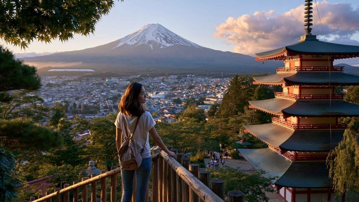 Japan Itinerary for 14 Days overlooking Mount Fuji, Chureito Pagoda, and the surrounding landscape at sunset during a first trip to Japan.