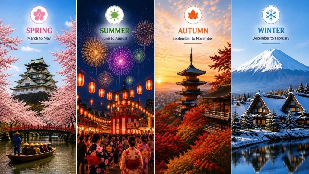 Illustration comparing spring, summer, autumn, and winter to help travelers choose the best time to follow a Japan itinerary.