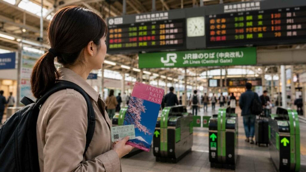 A traveler holding a Japan Rail Pass and ticket while standing at the entrance gates of a busy JR railway station in Japan.