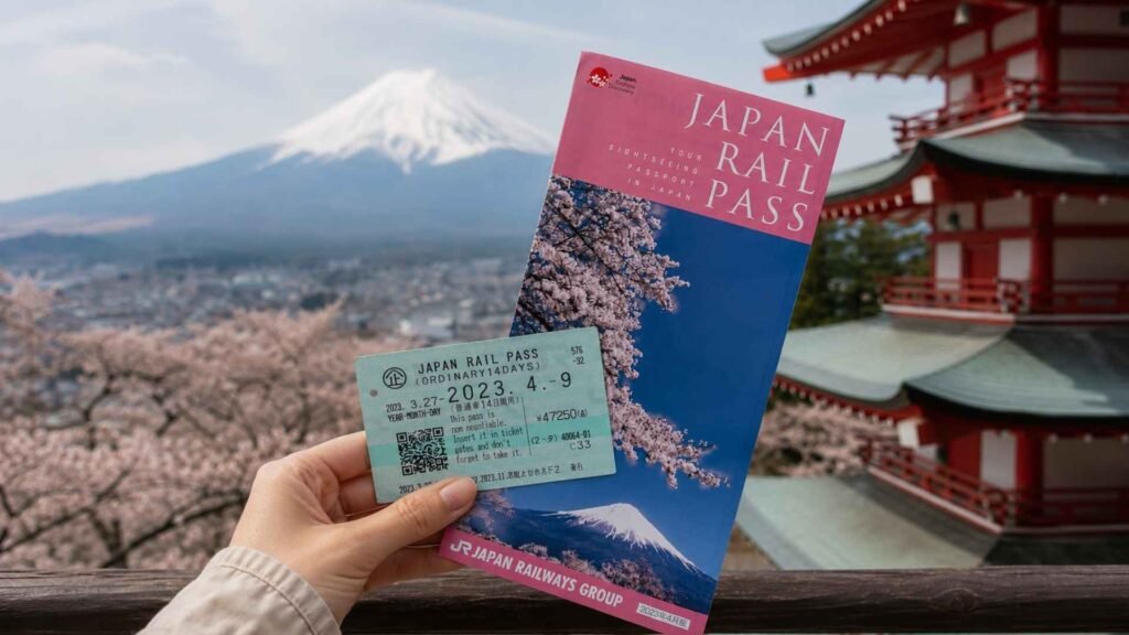 A traveler holding a Japan Rail Pass with Mount Fuji and the Chureito Pagoda creating an iconic travel backdrop in Japan.