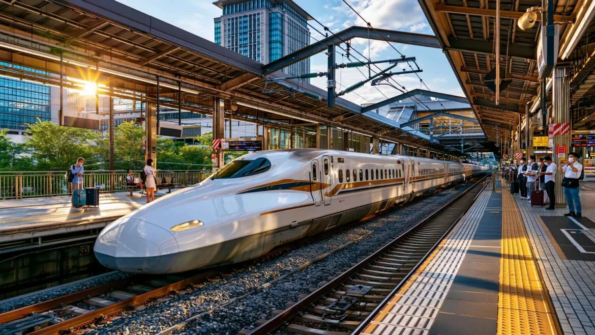 Japan Rail Pass guide featuring a Shinkansen bullet train waiting at a modern railway station platform in Japan.