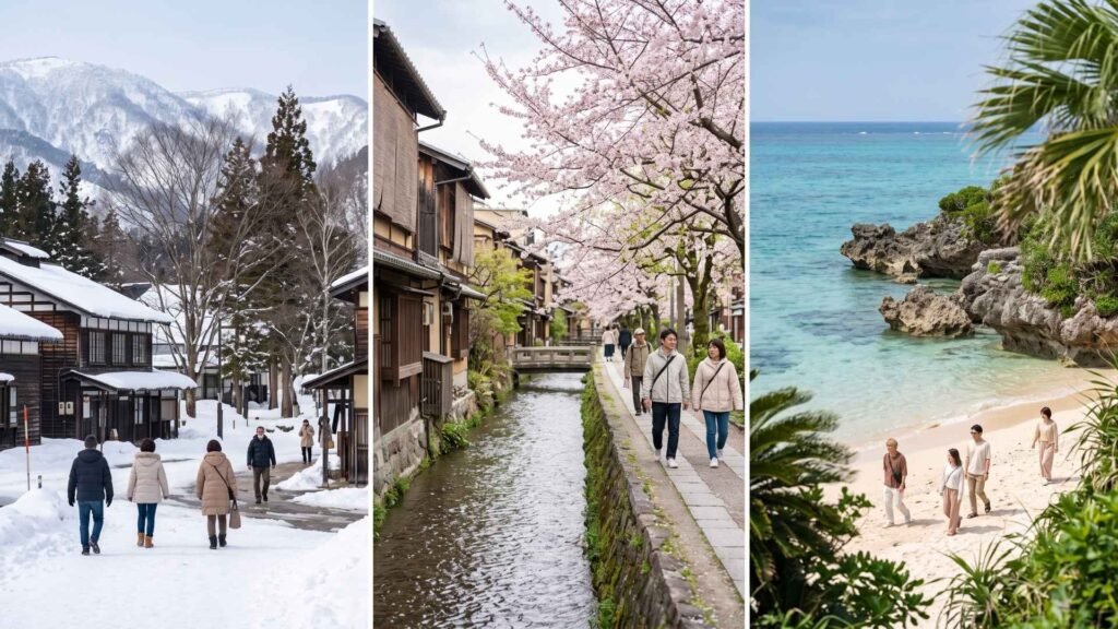 Snowy Hokkaido, mild central Japan with cherry blossoms, and subtropical Okinawa illustrate Japan’s regional climate differences.