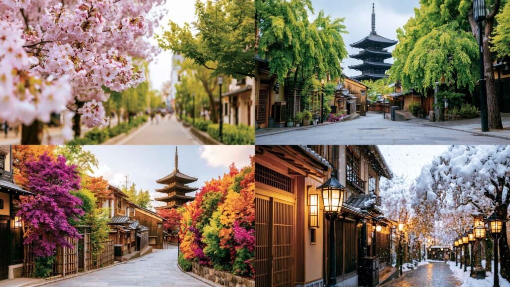 Comparison of the same traditional street in Kyoto during spring, summer, autumn, and winter, illustrating seasonal travel differences in Japan.