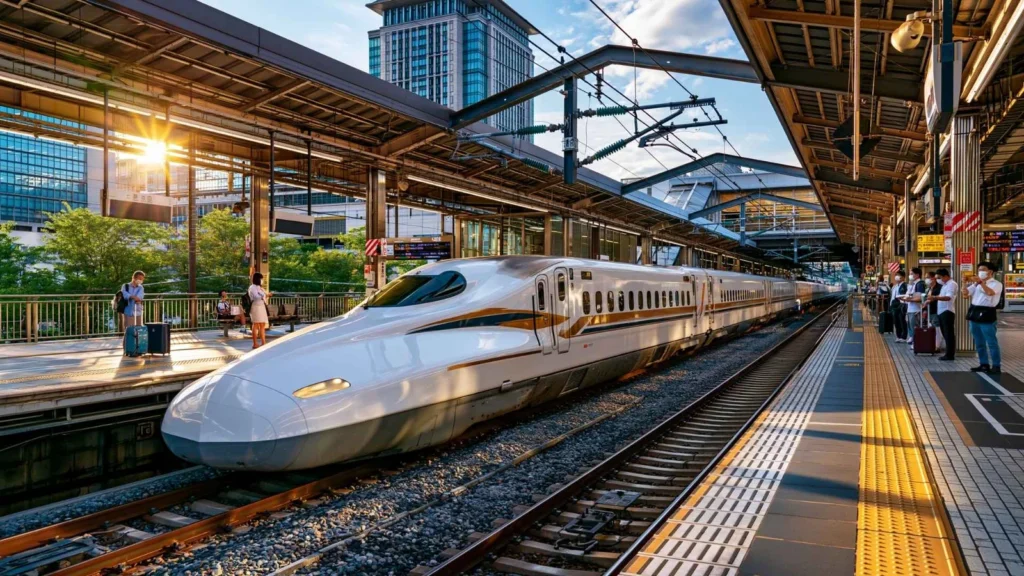 A Shinkansen bullet train at a Japanese railway station, representing long-distance transportation costs for travelers in Japan.