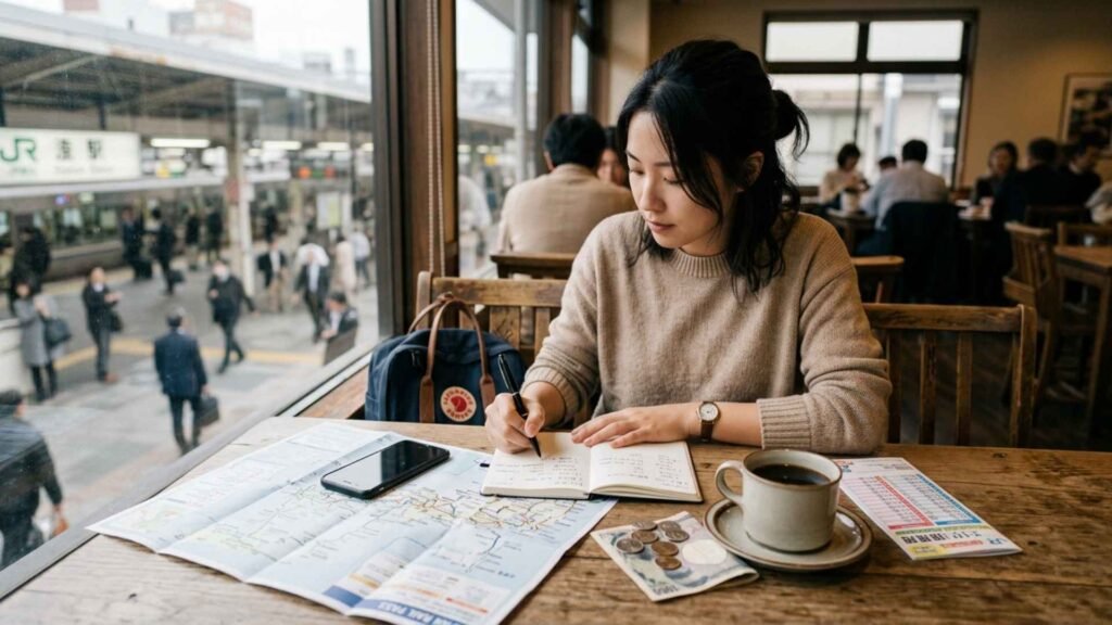 A traveler planning a daily budget in a café near a Japanese railway station with a transit map, smartphone, notebook, coffee, and Japanese yen.