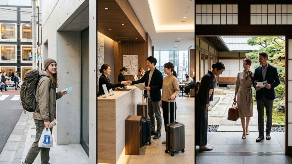 Comparison of budget, mid-range, and luxury travel styles in Japan, showing a backpacker, hotel check-in, and a traditional ryokan welcome.
