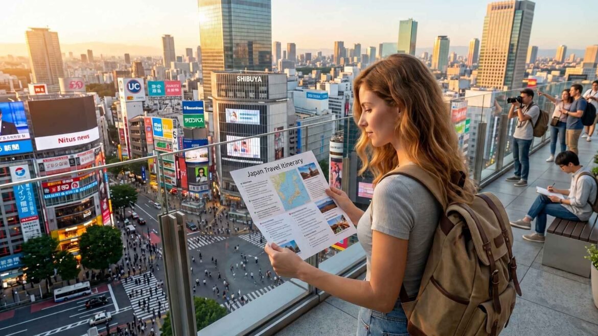 Japan trip cost planning by a traveler overlooking Shibuya Crossing in Tokyo while reviewing a travel itinerary and budget.