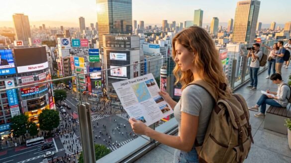 Japan trip cost planning by a traveler overlooking Shibuya Crossing in Tokyo while reviewing a travel itinerary and budget.