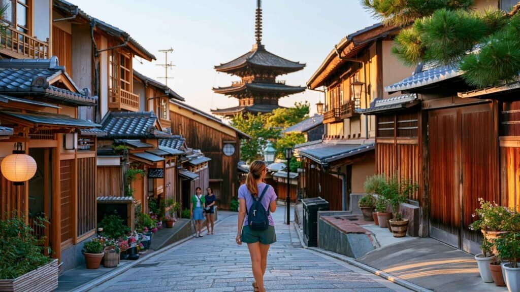 Traveler walking through Kyoto's historic Higashiyama district with Yasaka Pagoda rising above traditional wooden streets in the warm evening light.