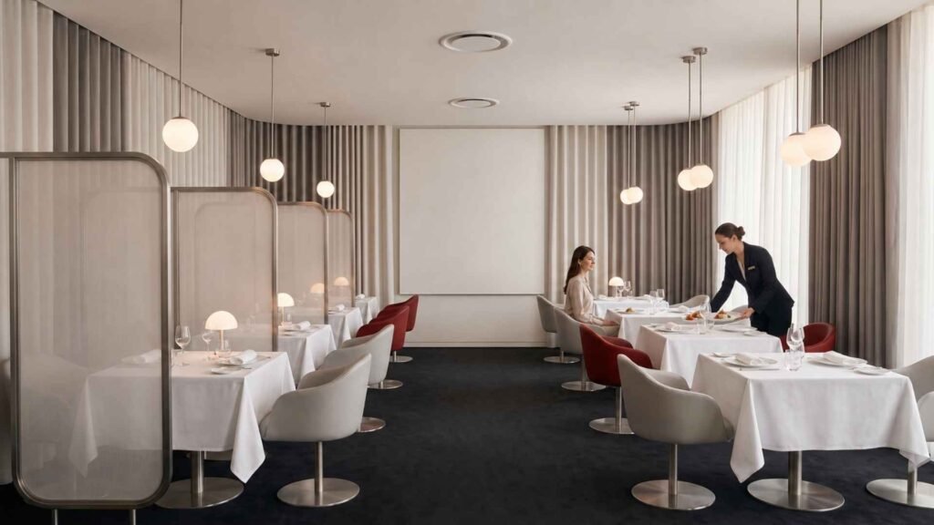 La Première Lounge dining area at Paris CDG with white tablecloths, red chairs and personalised table service