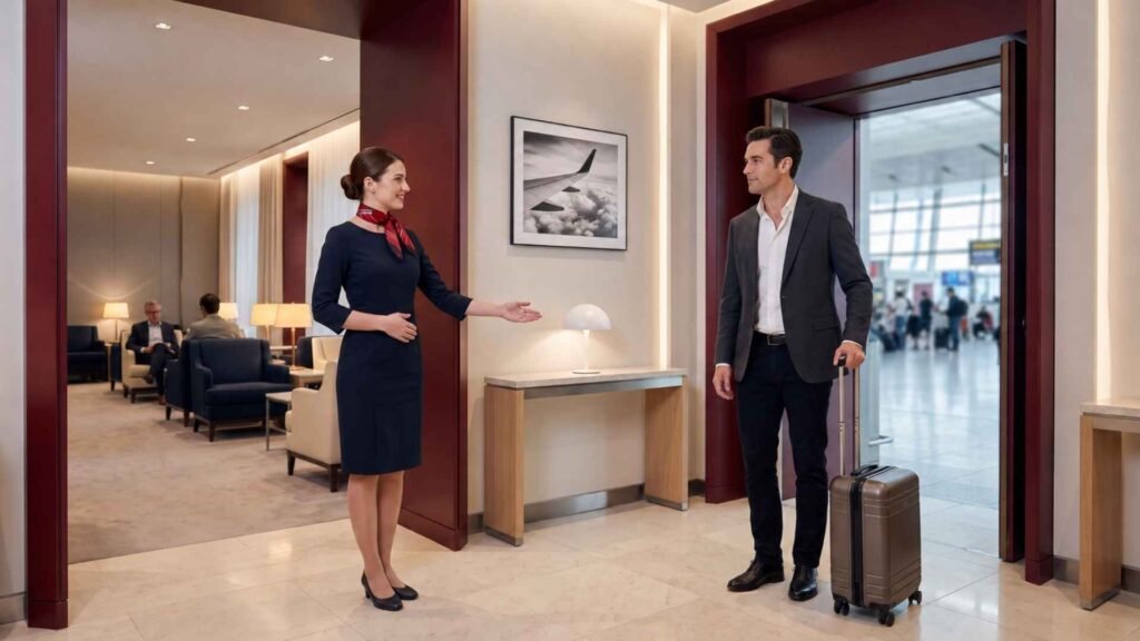 Female lounge attendant welcoming a first-class male passenger inside the exclusive La Première Lounge at Paris CDG