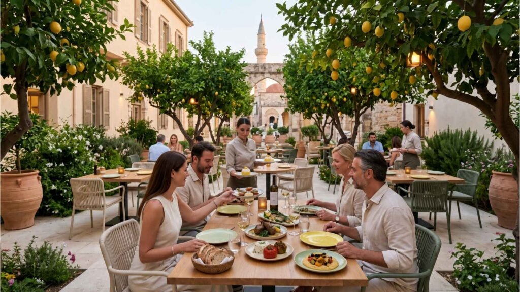 Guests enjoying Cretan cuisine beneath lemon trees at Lemonokipos restaurant in Rethymno Old Town