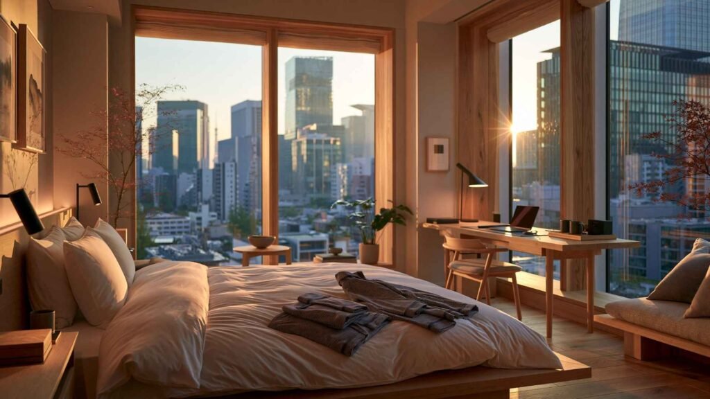 Luxury hotel room in Japan featuring floor-to-ceiling windows, elegant interior design, and panoramic views of the Tokyo skyline.