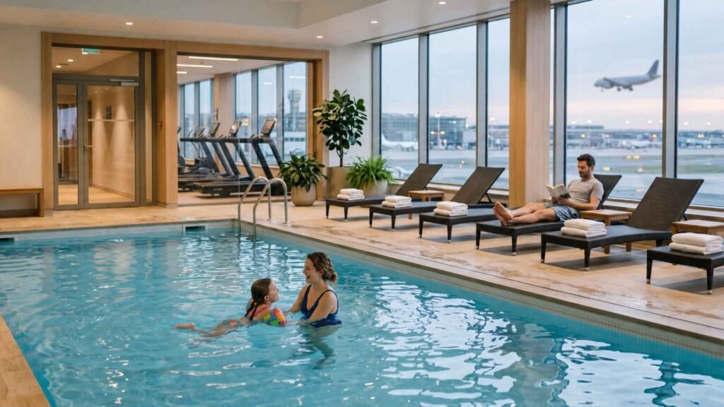 Family enjoying the heated indoor pool and fitness facilities at an airport hotel near Paris Charles de Gaulle Airport