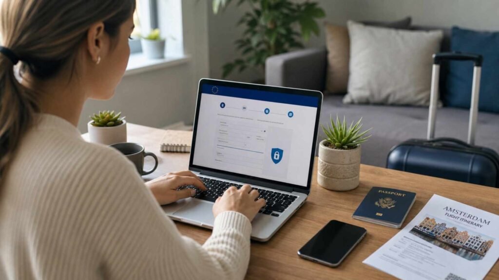 Female traveler completing an online ETIAS form with her passport and Netherlands itinerary on the desk