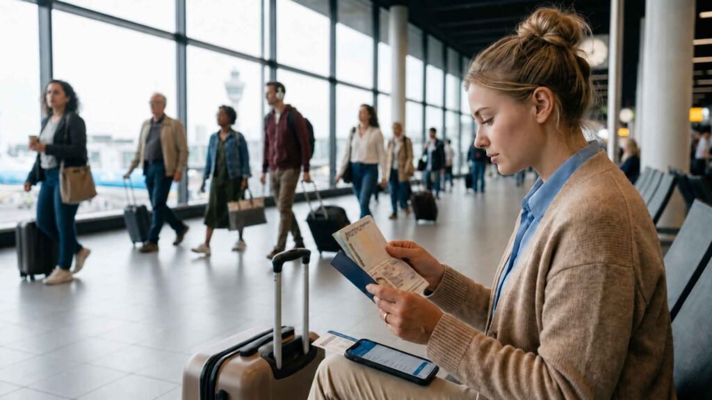 Female traveler checking her passport at an airport before departing for a trip to the Netherlands