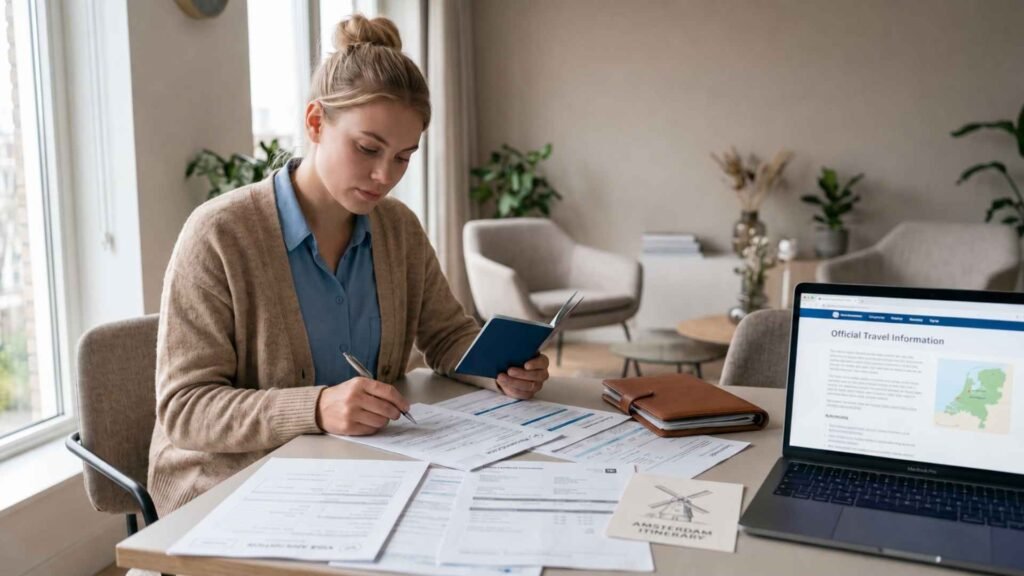 Female traveler reviewing her passport and supporting documents for a Netherlands Schengen visa application