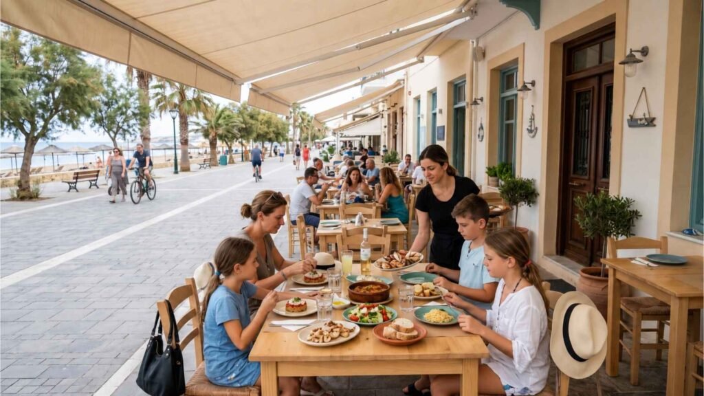 Family enjoying Greek and Mediterranean dishes at Nostos Restaurant beside the Rethymno Beach promenade