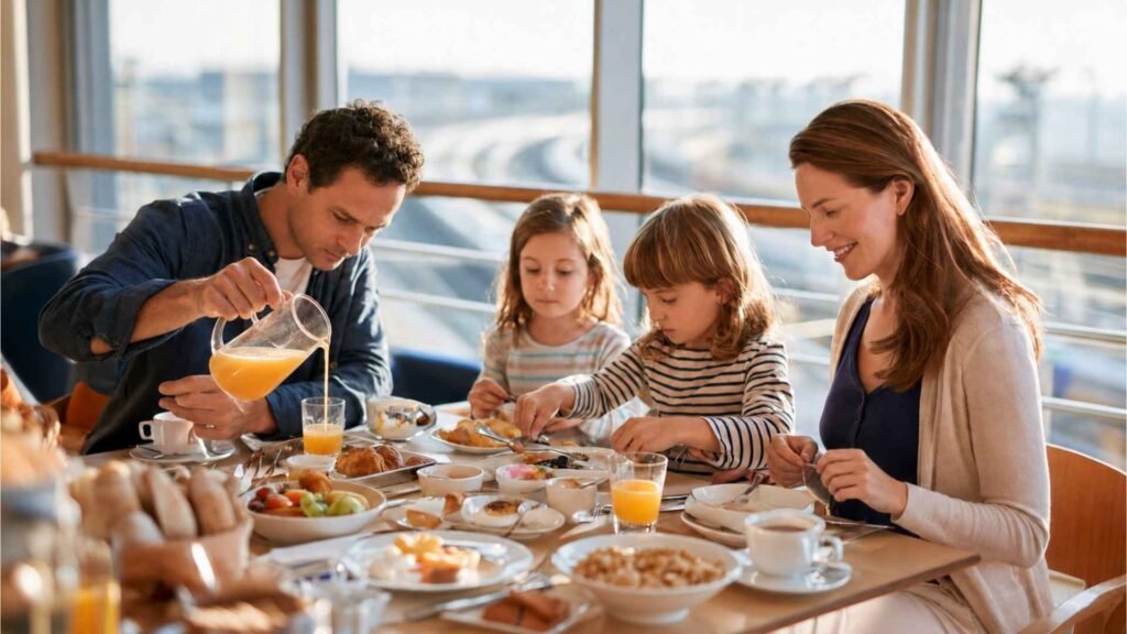 Family enjoying breakfast together at a family-friendly airport hotel near Paris Charles de Gaulle Airport