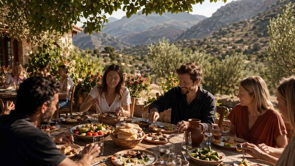 Friends enjoying traditional Cretan dishes made with fresh local ingredients on a shaded terrace surrounded by olive trees and mountains near Chania.