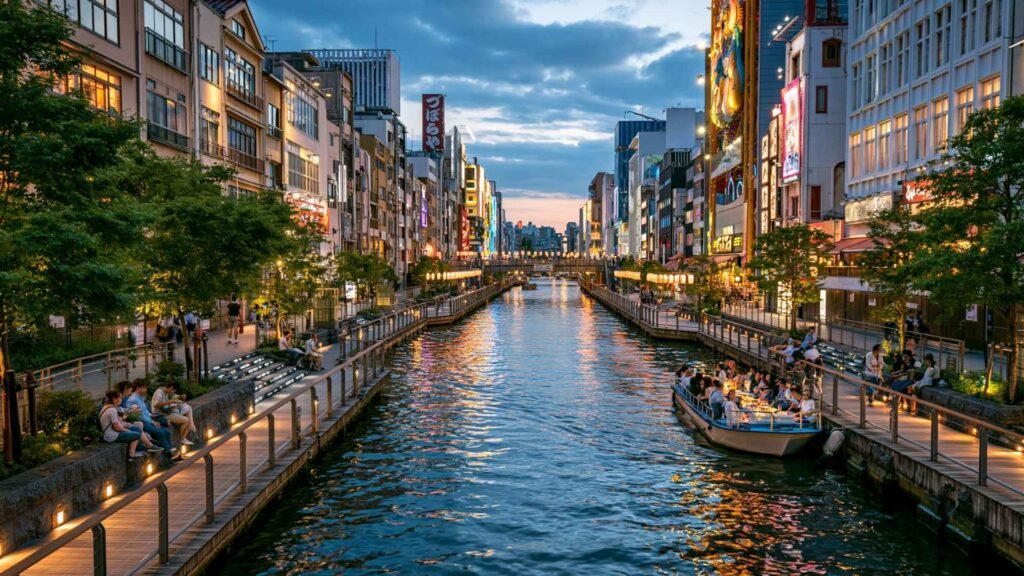 Travelers enjoying Osaka's Dotonbori Canal at sunset, with illuminated riverside streets, restaurants, and sightseeing boats.