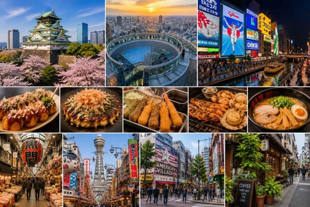 Collage featuring Osaka Castle, Umeda Sky Building, Dotonbori, local food specialties, Kuromon Market, Shinsekai, Amerikamura, and Nakazakicho.