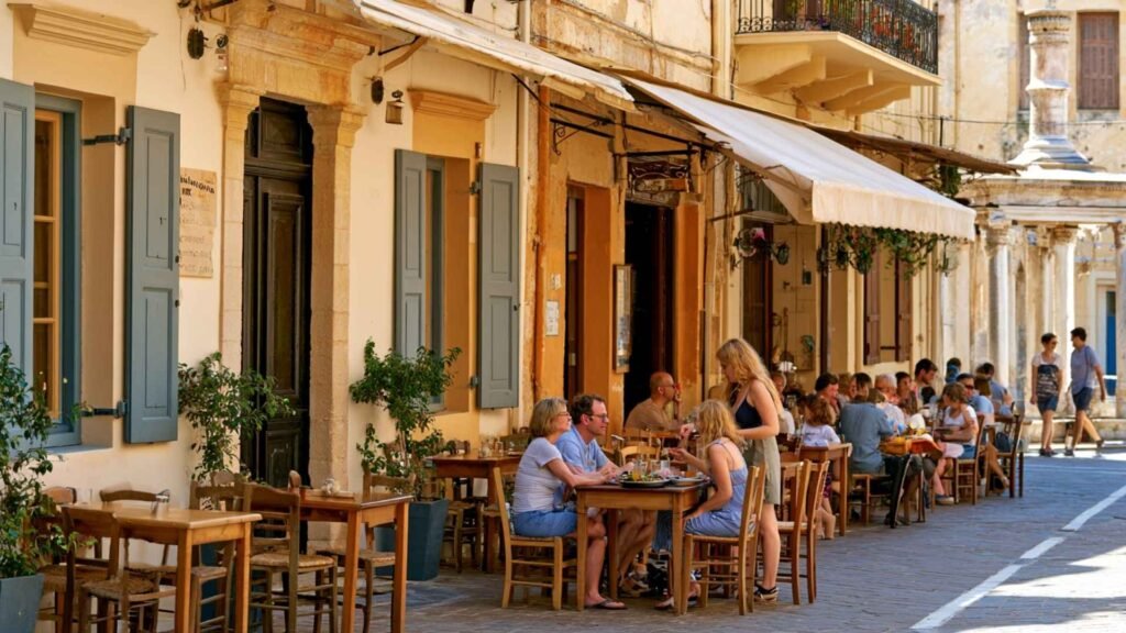 Diners enjoying traditional Cretan food at Othonas Taverna near Rimondi Fountain in Rethymno Old Town