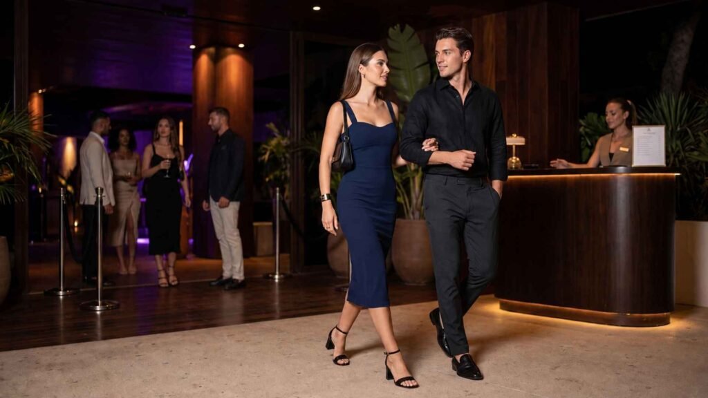 Stylish couple wearing polished evening outfits and elegant shoes for a premium VIP nightlife experience in Ibiza