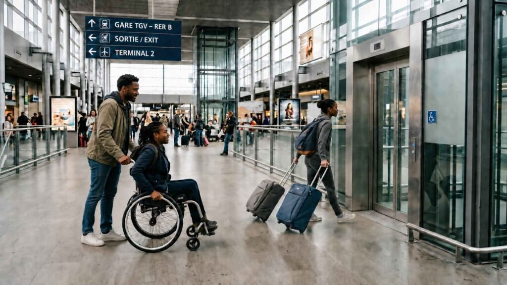 Wheelchair user with a companion and traveler carrying heavy luggage near an accessible elevator at Paris CDG Airport