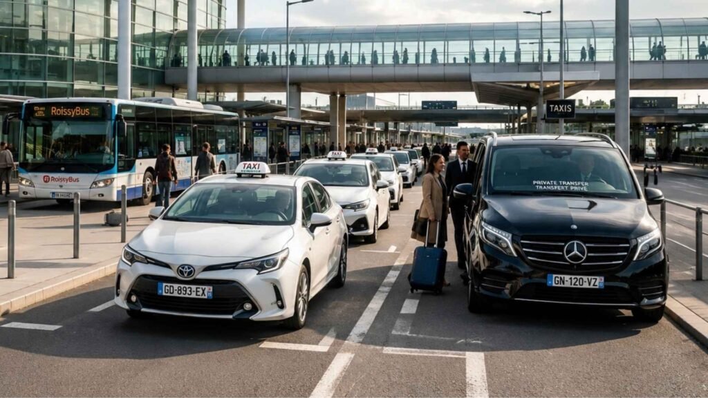 Transportation options outside Paris Charles de Gaulle Airport, including the RER B train, taxis, RoissyBus, and private transfers.