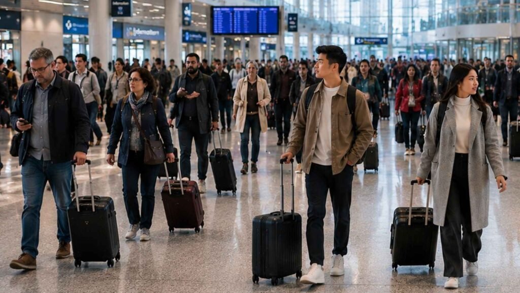 Travelers walking through the public arrivals hall at Paris Charles de Gaulle Airport after completing arrival formalities.