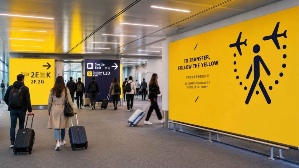 Travelers following yellow Flight Connections signs inside Paris Charles de Gaulle Airport during an international transit.