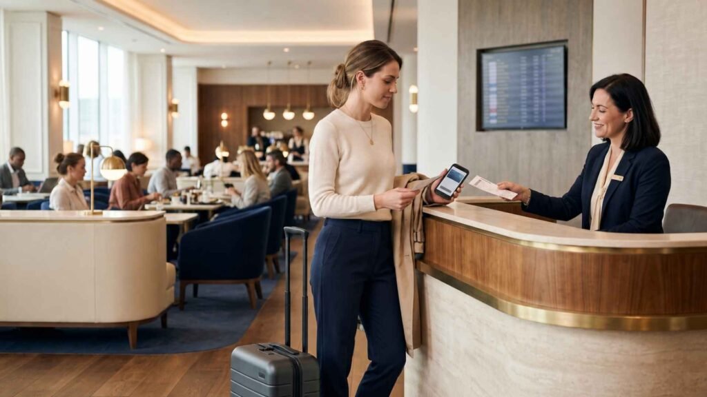 Traveller presenting a boarding pass and digital membership card at a premium Paris CDG lounge reception