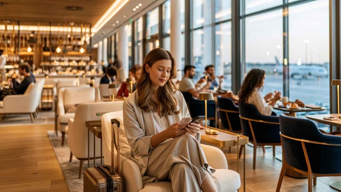 Paris CDG Lounges with a female traveller checking her boarding pass in a modern premium lounge overlooking the runway