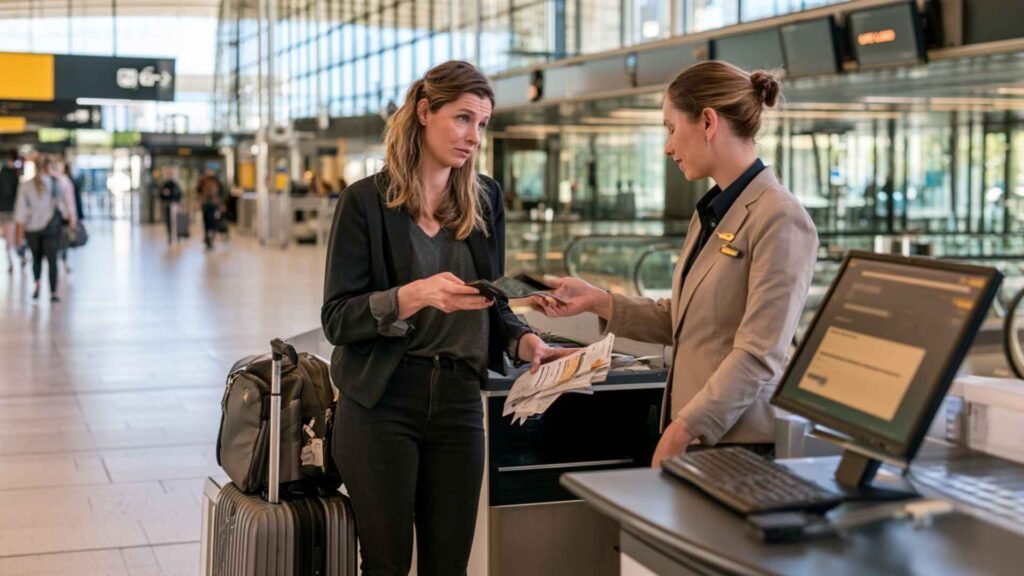 Concerned female self-transfer passenger asking an airline agent for help after missing her second flight at Paris CDG.