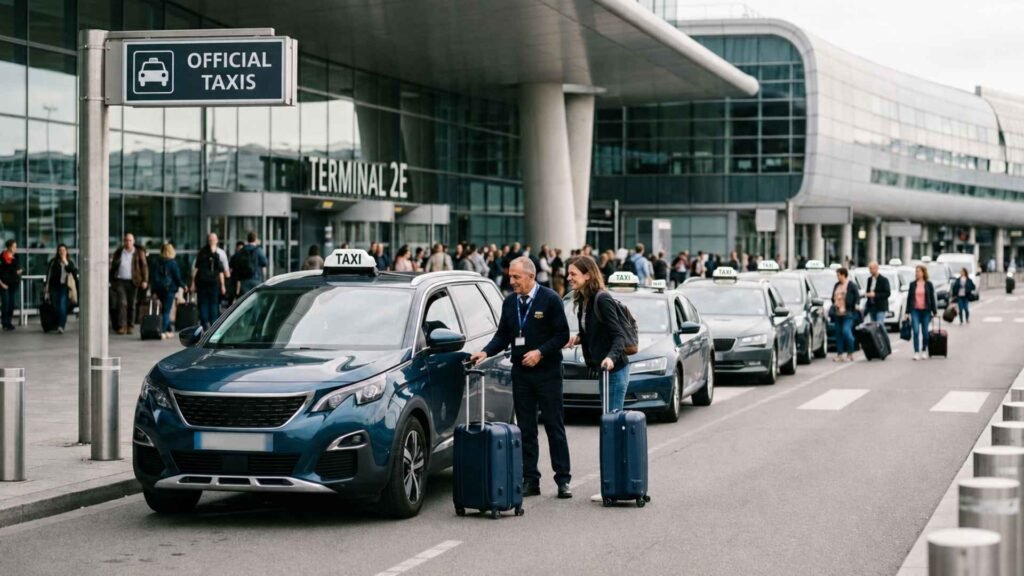 Traveler with luggage entering an official taxi at Paris CDG Terminal 2E for a transfer to central Paris
