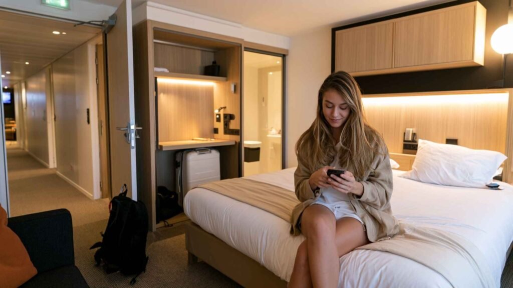 Female traveler relaxing in an airport hotel room near Paris CDG during an overnight connection with her suitcase beside the bed