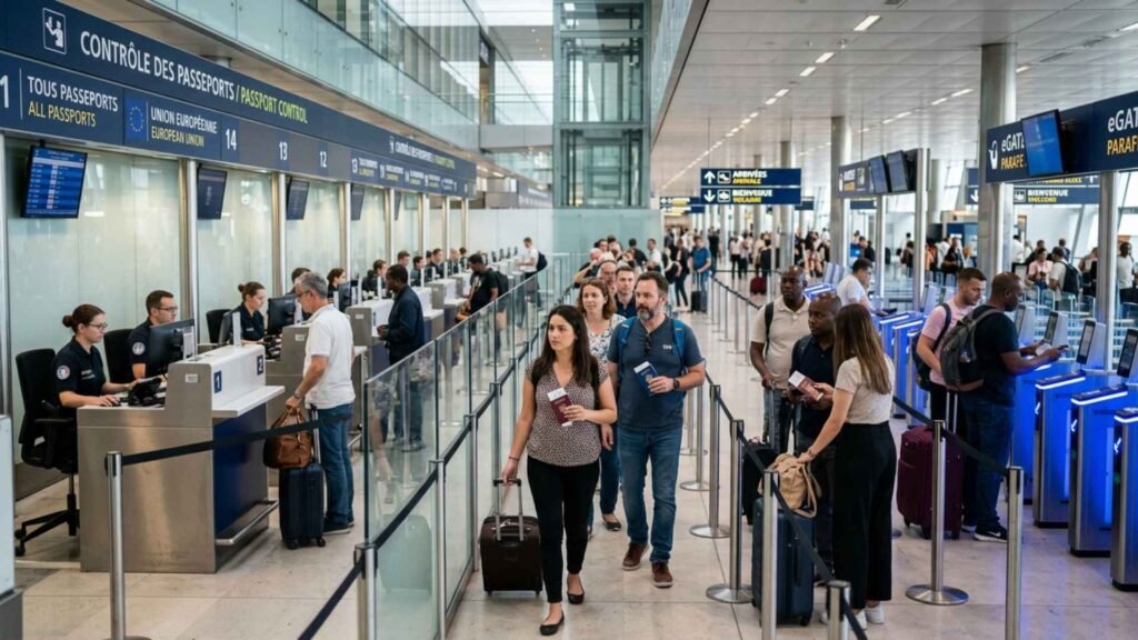 Travelers passing through passport control and eGate lanes after arriving at Paris Charles de Gaulle Airport.