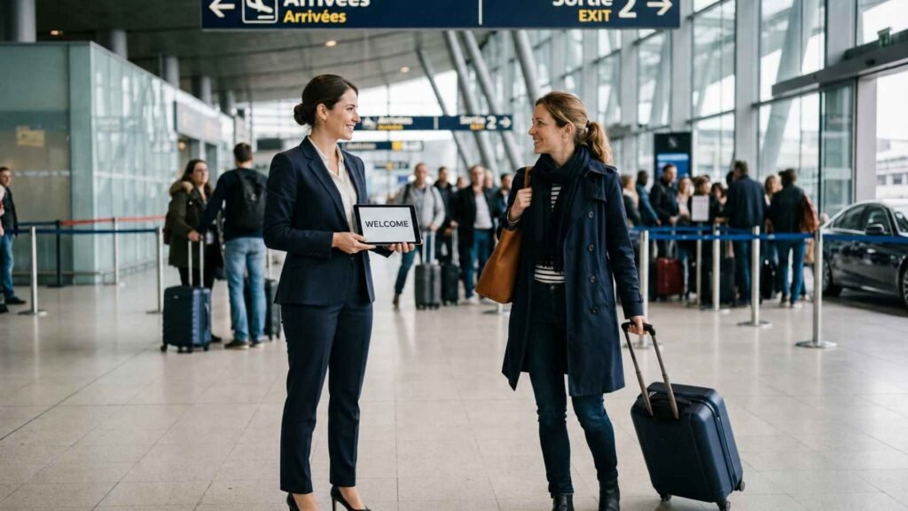 Female private transfer driver welcoming a traveler with luggage at Paris CDG Airport before the journey into central Paris