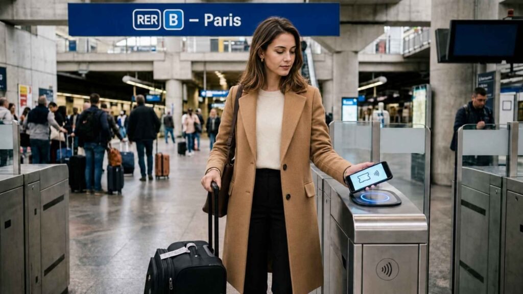 Traveler validating a digital RER B ticket on her phone at a contactless gate inside Paris CDG Airport