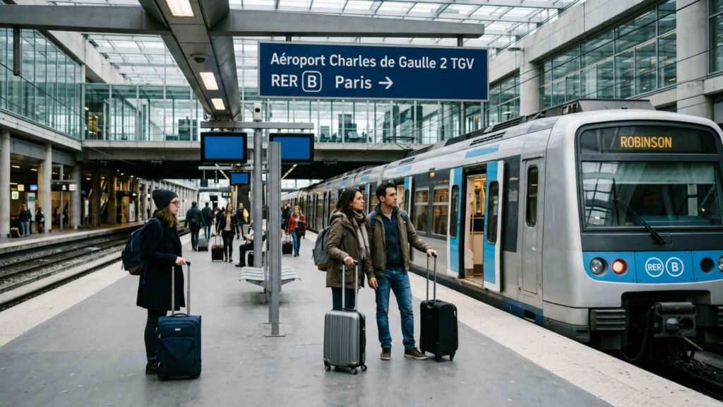 Travelers waiting for the RER B train to Paris at Aéroport Charles de Gaulle 2 TGV station
