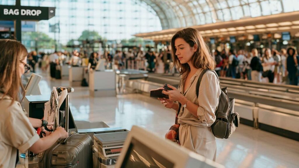 Female self-transfer passenger rechecking her collected suitcase at a bag drop counter in Paris CDG Terminal 2.