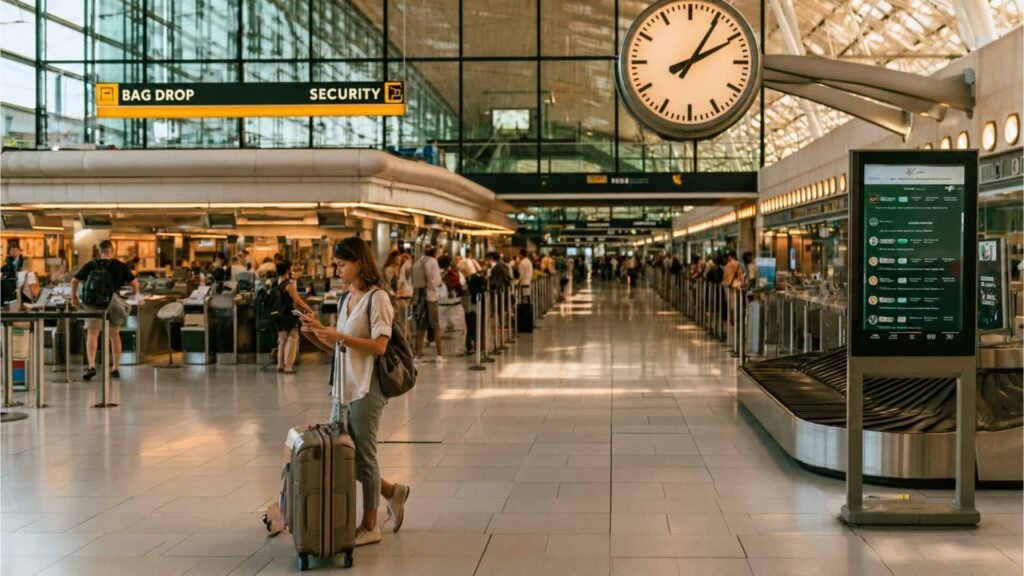 Female passenger checking the time near bag drop and security while planning a self-transfer connection at Paris CDG.