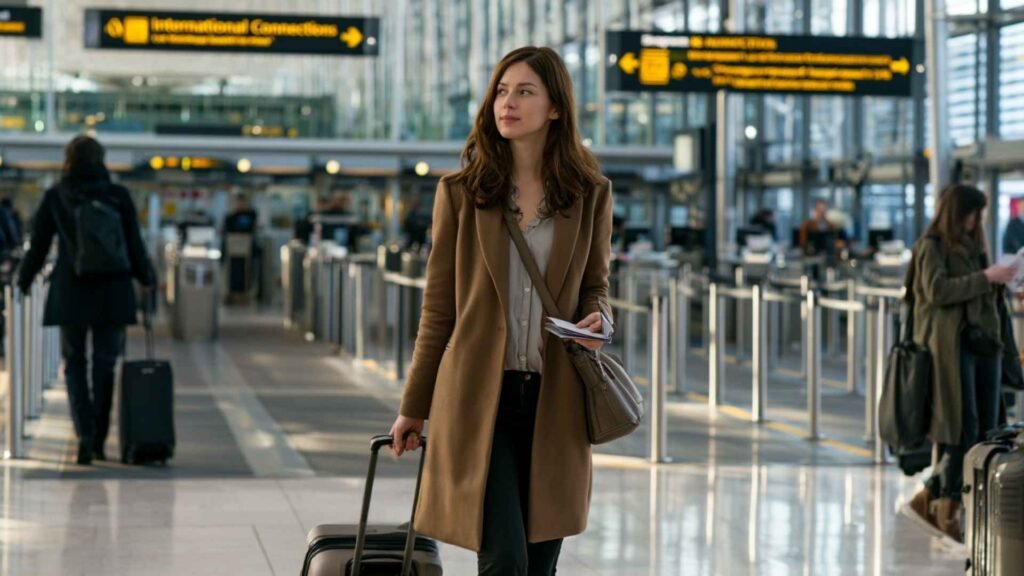 Female self-transfer passenger carrying her passport and suitcase while approaching border control at Paris CDG Terminal 2.