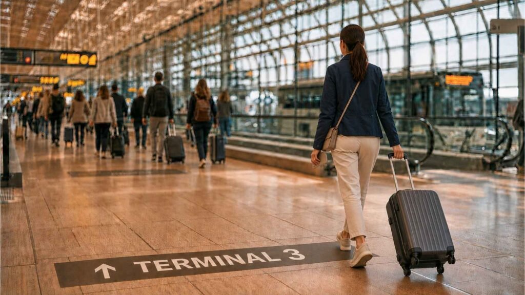 Female traveler following a Terminal 3 floor sign with her suitcase during a Paris CDG self-transfer.