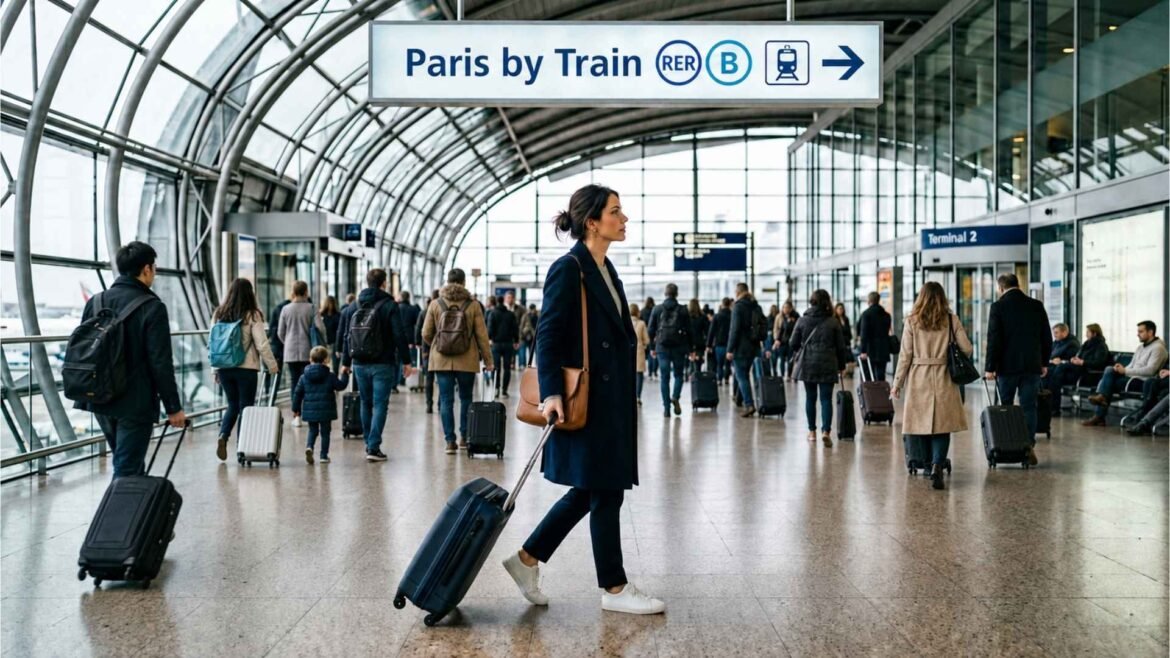 Paris CDG to Paris City Center traveler following RER B train signs inside a busy Terminal 2 concourse