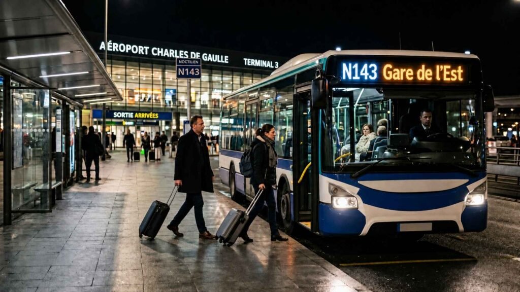 Travelers boarding the N143 night bus from Paris CDG to Paris city center outside Terminal 3